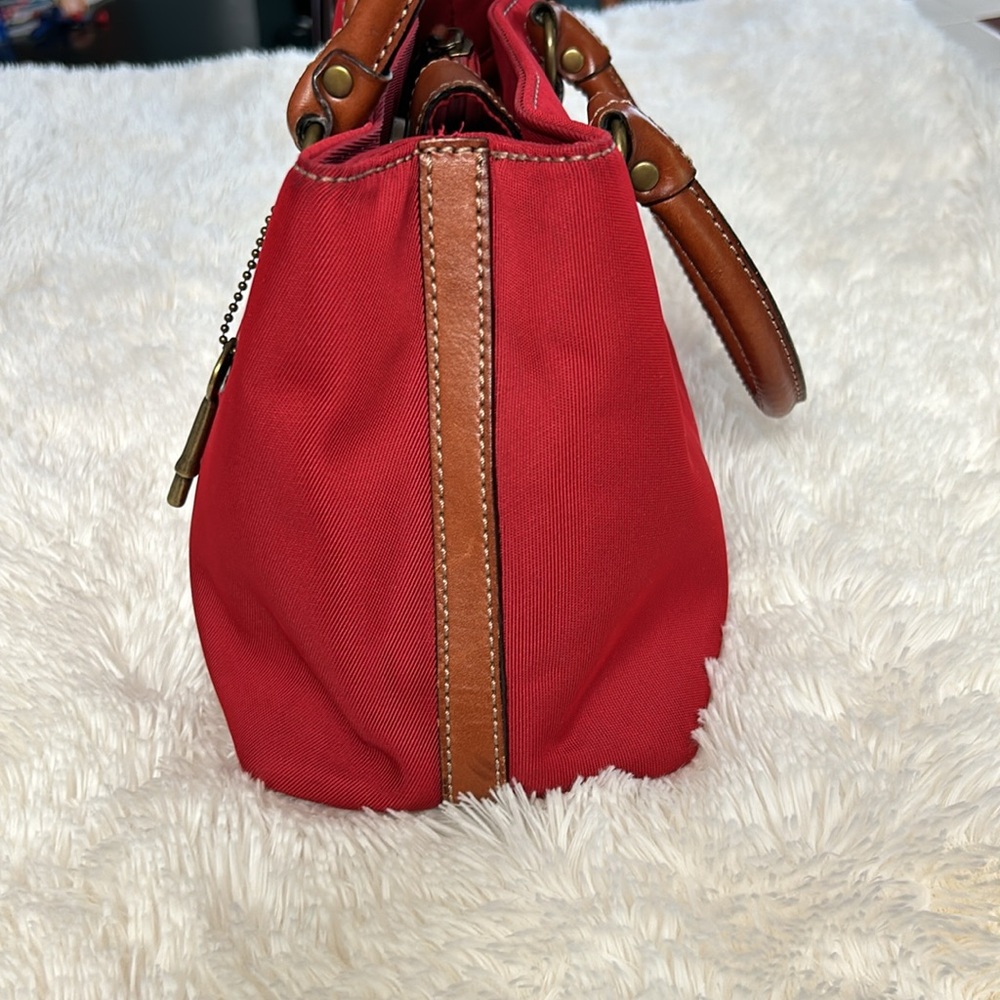 Fossil Red Canvas Satchel with Brown Leather Handles - Picture 3 of 7